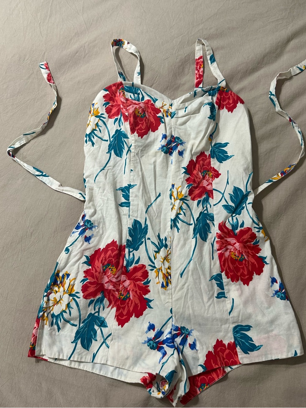 Authentic Vintage Playsuit Romper - White Floral Tie-Back with Red & Teal Blooms